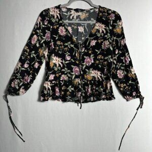 American Eagle Blouse Women's Size X-Small Floral Tie Back Black Boho Cropped